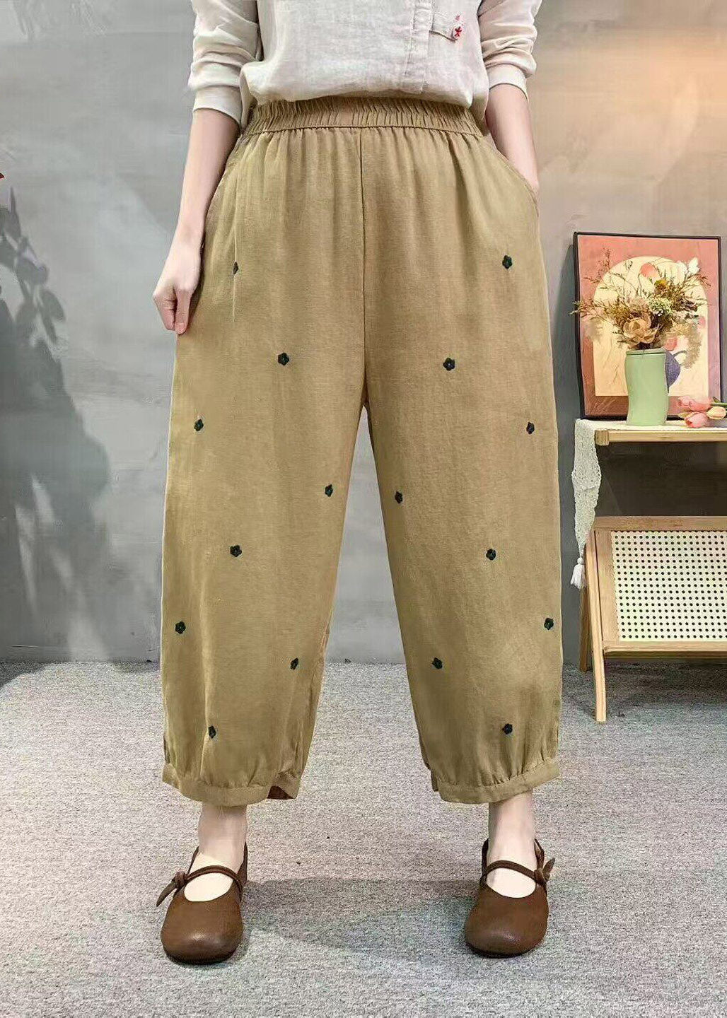 Casual Khaki Pockets Elastic Waist Dot Print Linen Crop Pants Summer
