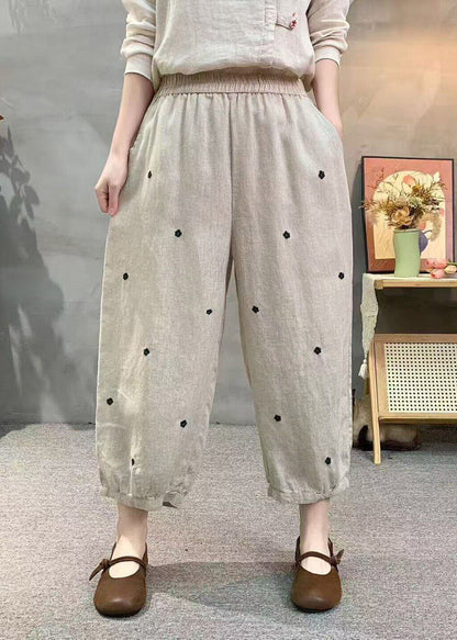 Casual Khaki Pockets Elastic Waist Dot Print Linen Crop Pants Summer