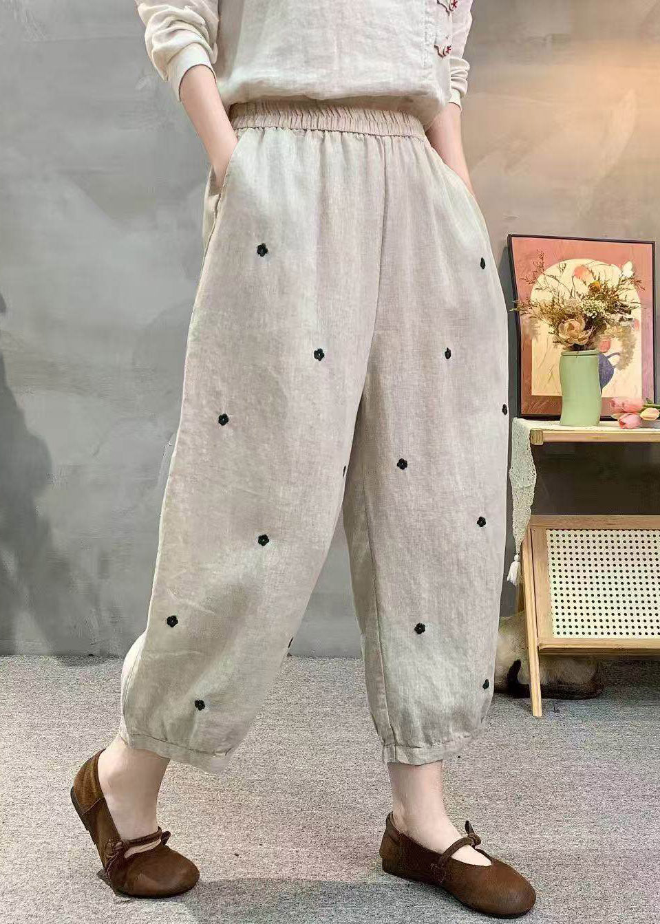 Casual Khaki Pockets Elastic Waist Dot Print Linen Crop Pants Summer