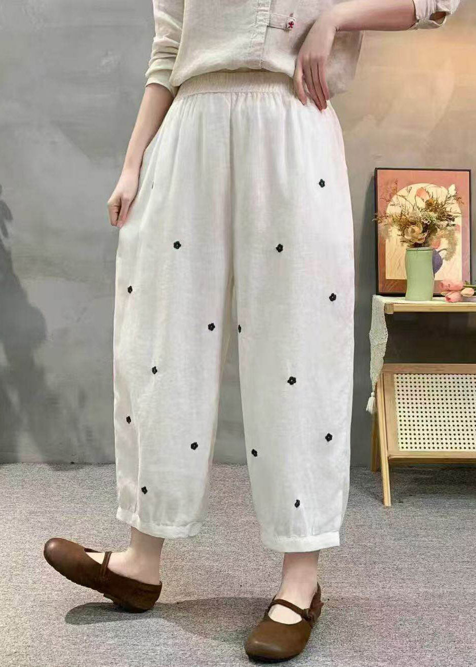 Casual Khaki Pockets Elastic Waist Dot Print Linen Crop Pants Summer