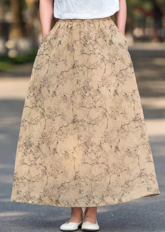 Casual Khaki Pockets Print High Waist Cotton Skirts Summer