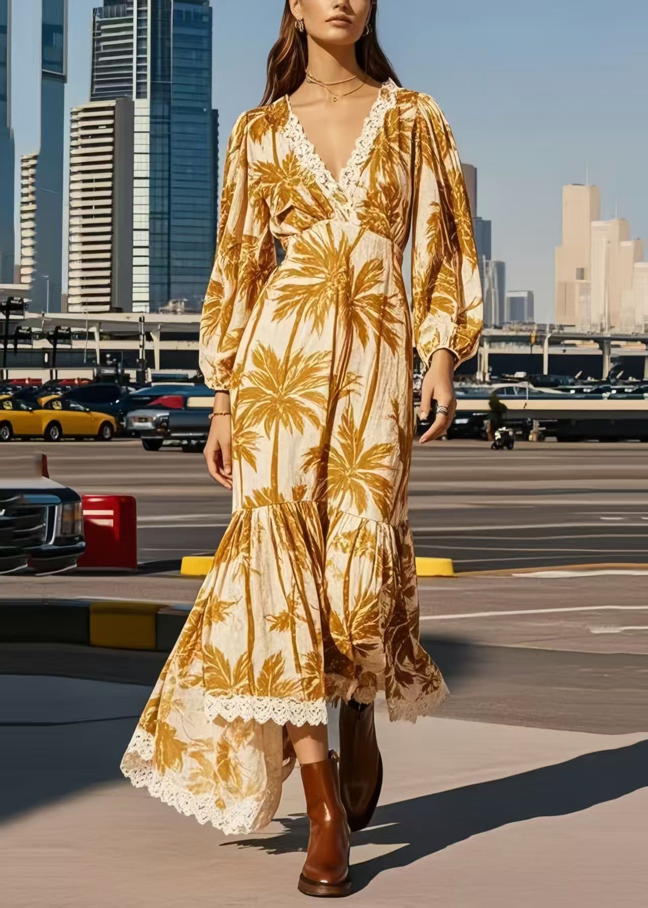 Casual Khaki Print Patchwork Lace Vacation Dresses Spring