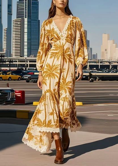 Casual Khaki Print Patchwork Lace Vacation Dresses Spring