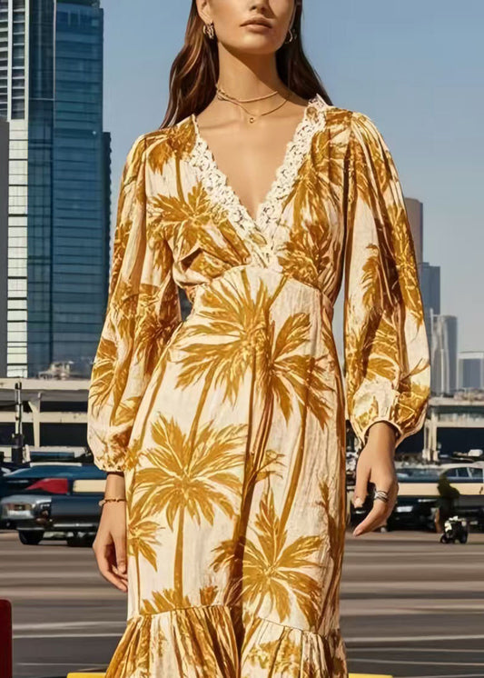 Casual Khaki Print Patchwork Lace Vacation Dresses Spring