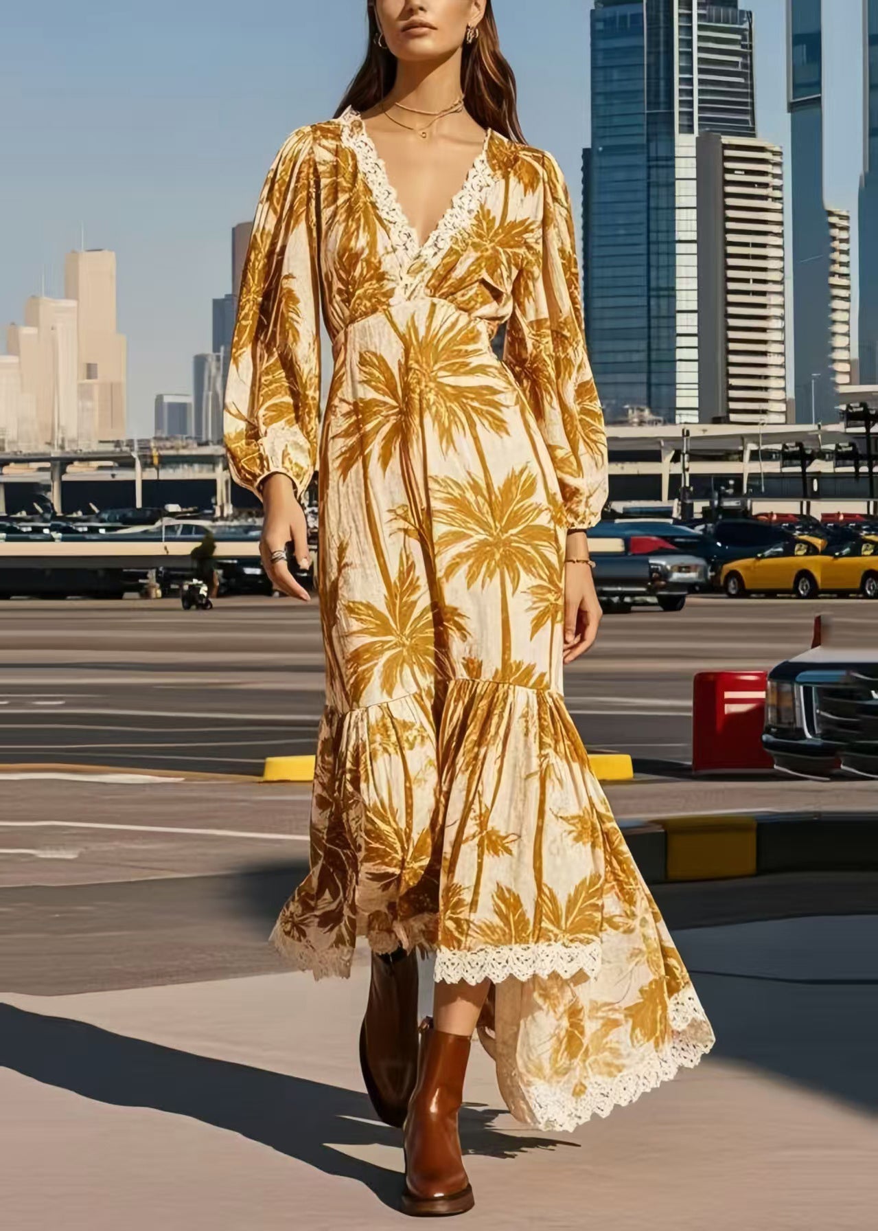 Casual Khaki Print Patchwork Lace Vacation Dresses Spring