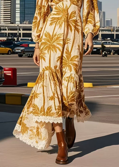 Casual Khaki Print Patchwork Lace Vacation Dresses Spring