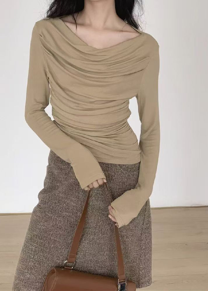Casual Khaki Slash Neck Wrinkled Cotton Shirt Tops Fall