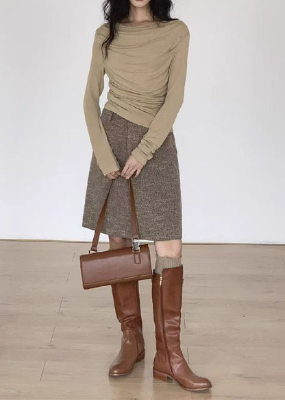 Casual Khaki Slash Neck Wrinkled Cotton Shirt Tops Fall