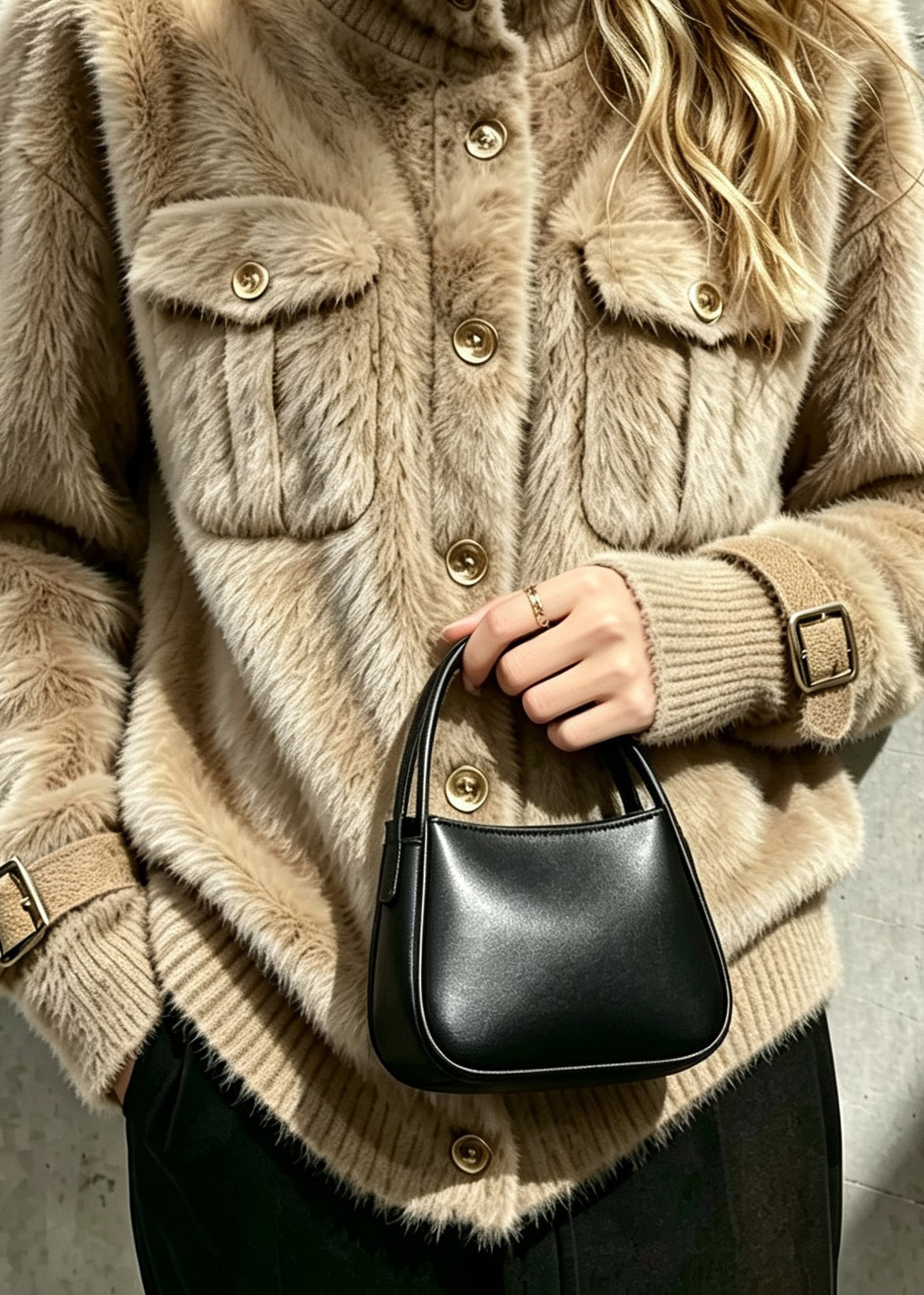 Casual Khaki Stand Collar Pockets Faux Mink Hair Knitted Jacket Fall