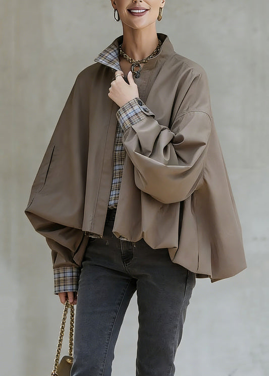 Casual Khaki Stand Collar Pockets Patchwork Low High Design Coat Spring