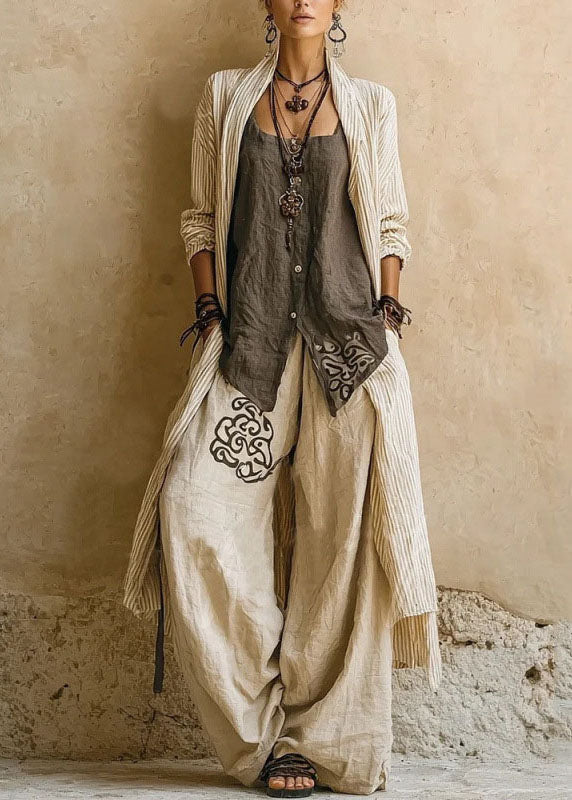 Casual Khaki Striped Print Long Shirts ,Vest And Wide Leg Pants Two Pieces Set Long Sleeve