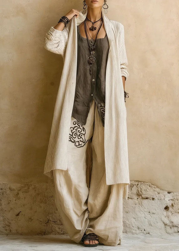 Casual Khaki Striped Print Long Shirts ,Vest And Wide Leg Pants Two Pieces Set Long Sleeve