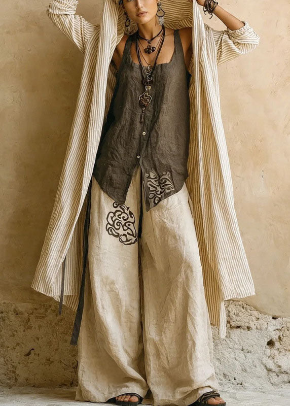 Casual Khaki Striped Print Long Shirts ,Vest And Wide Leg Pants Two Pieces Set Long Sleeve