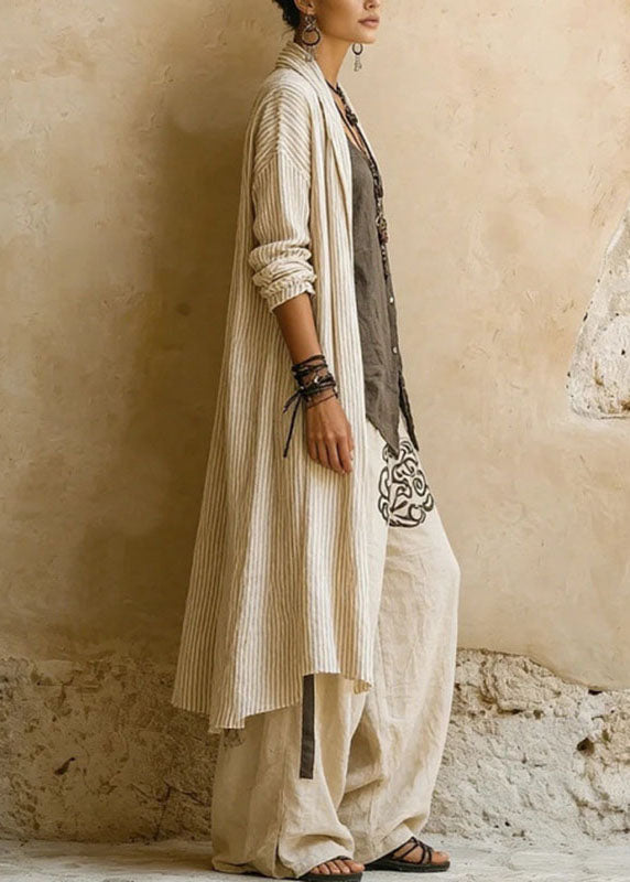 Casual Khaki Striped Print Long Shirts ,Vest And Wide Leg Pants Two Pieces Set Long Sleeve