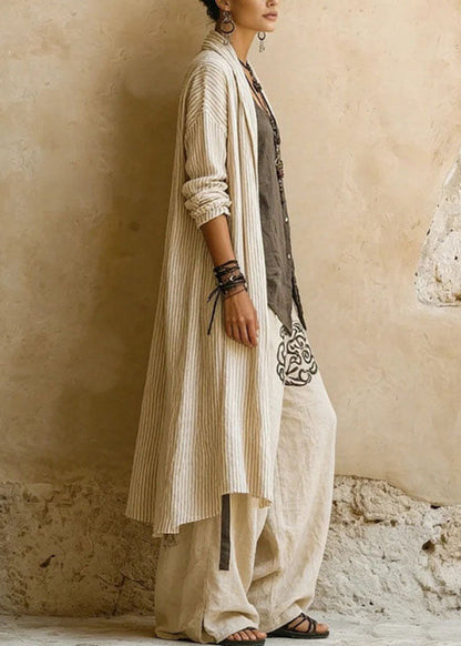 Casual Khaki Striped Print Long Shirts ,Vest And Wide Leg Pants Two Pieces Set Long Sleeve