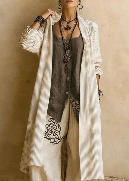 Casual Khaki Striped Print Long Shirts ,Vest And Wide Leg Pants Two Pieces Set Long Sleeve