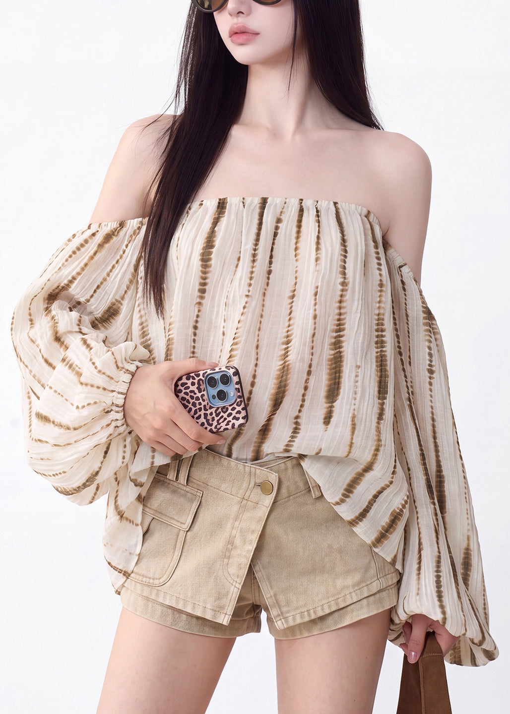 Casual Khaki Striped Slash Neck Top Summer