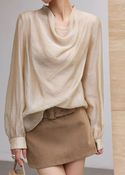 Casual Khaki Turtle Neck Chiffon Blouses Summer