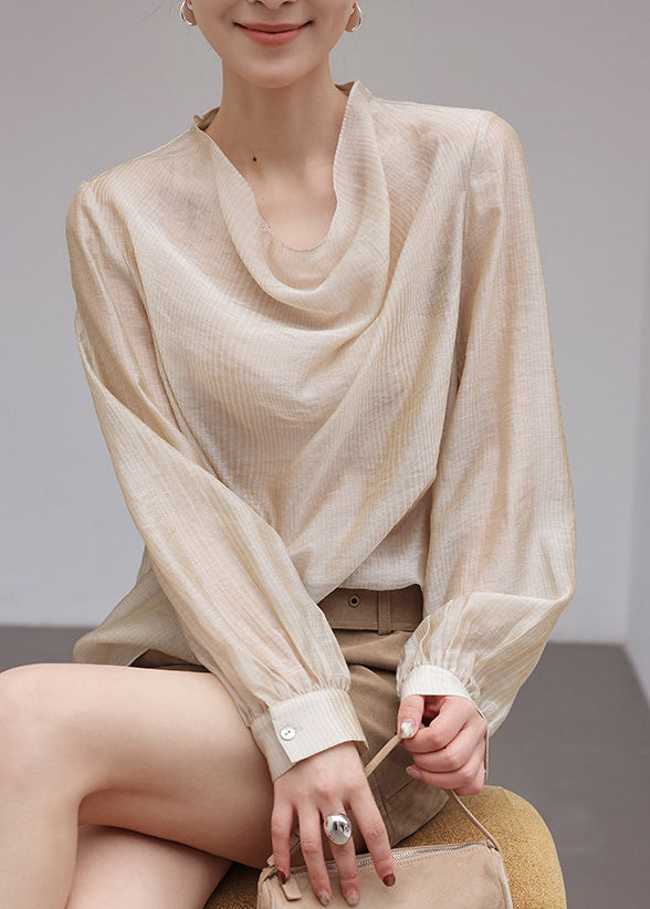 Casual Khaki Turtle Neck Chiffon Blouses Summer