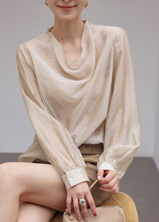 Casual Khaki Turtle Neck Chiffon Blouses Summer