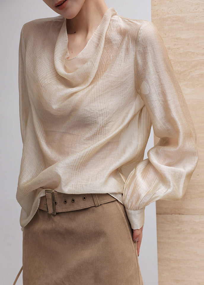 Casual Khaki Turtle Neck Chiffon Blouses Summer