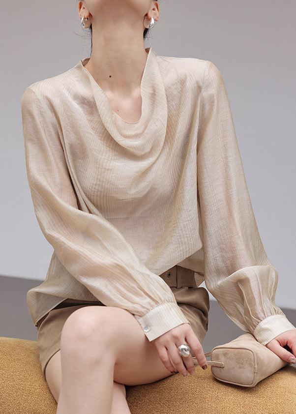 Casual Khaki Turtle Neck Chiffon Blouses Summer