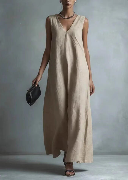 Casual Khaki V Neck Exra Large Hem Maxi Dresses Sleeveless