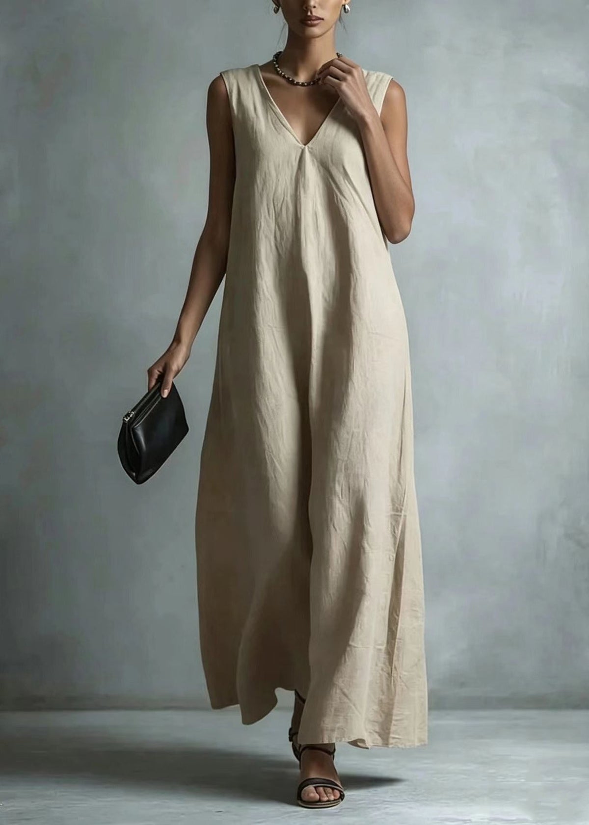Casual Khaki V Neck Exra Large Hem Maxi Dresses Sleeveless