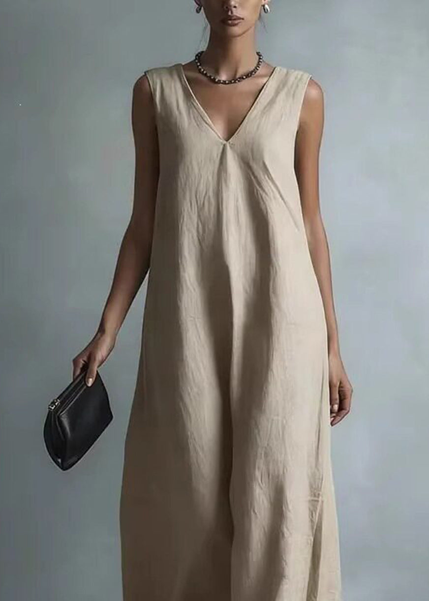 Casual Khaki V Neck Exra Large Hem Maxi Dresses Sleeveless