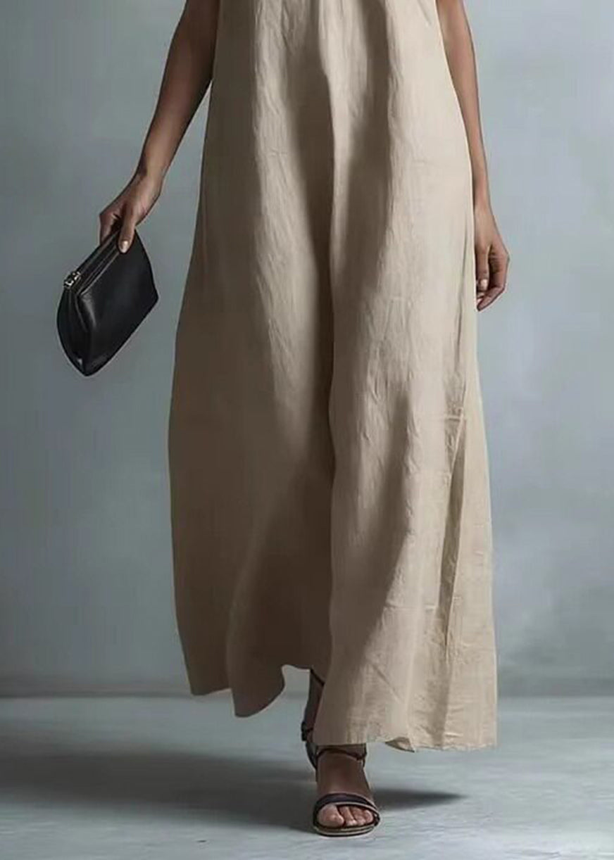 Casual Khaki V Neck Exra Large Hem Maxi Dresses Sleeveless