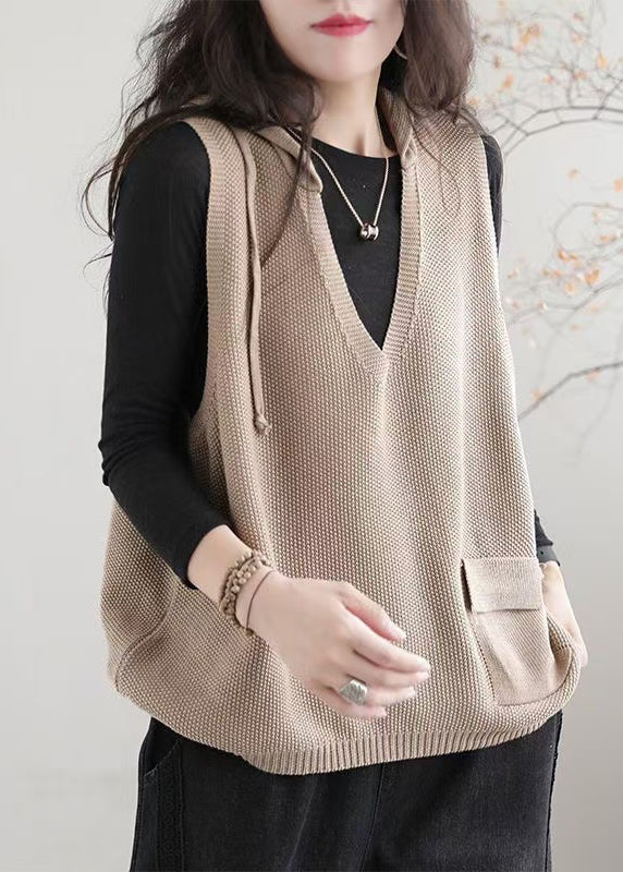 Casual Khaki V Neck Hooded Knit Vest Sleeveless