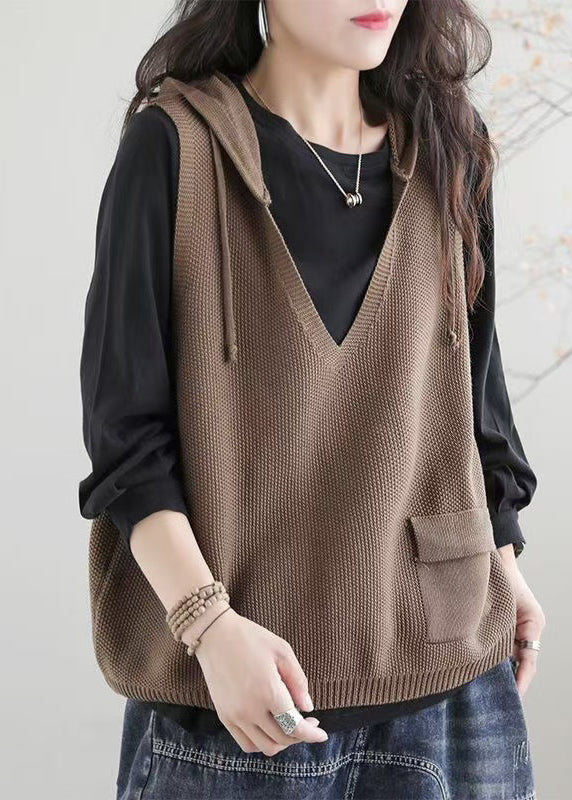 Casual Khaki V Neck Hooded Knit Vest Sleeveless