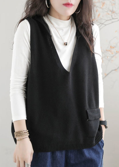 Casual Khaki V Neck Hooded Knit Vest Sleeveless