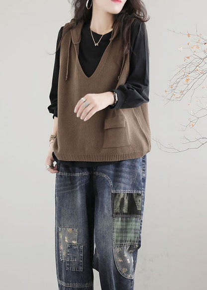 Casual Khaki V Neck Hooded Knit Vest Sleeveless