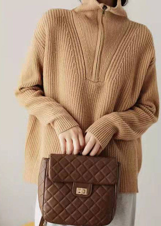 Casual Khaki Zip Up Knit Sweater Tops Winter