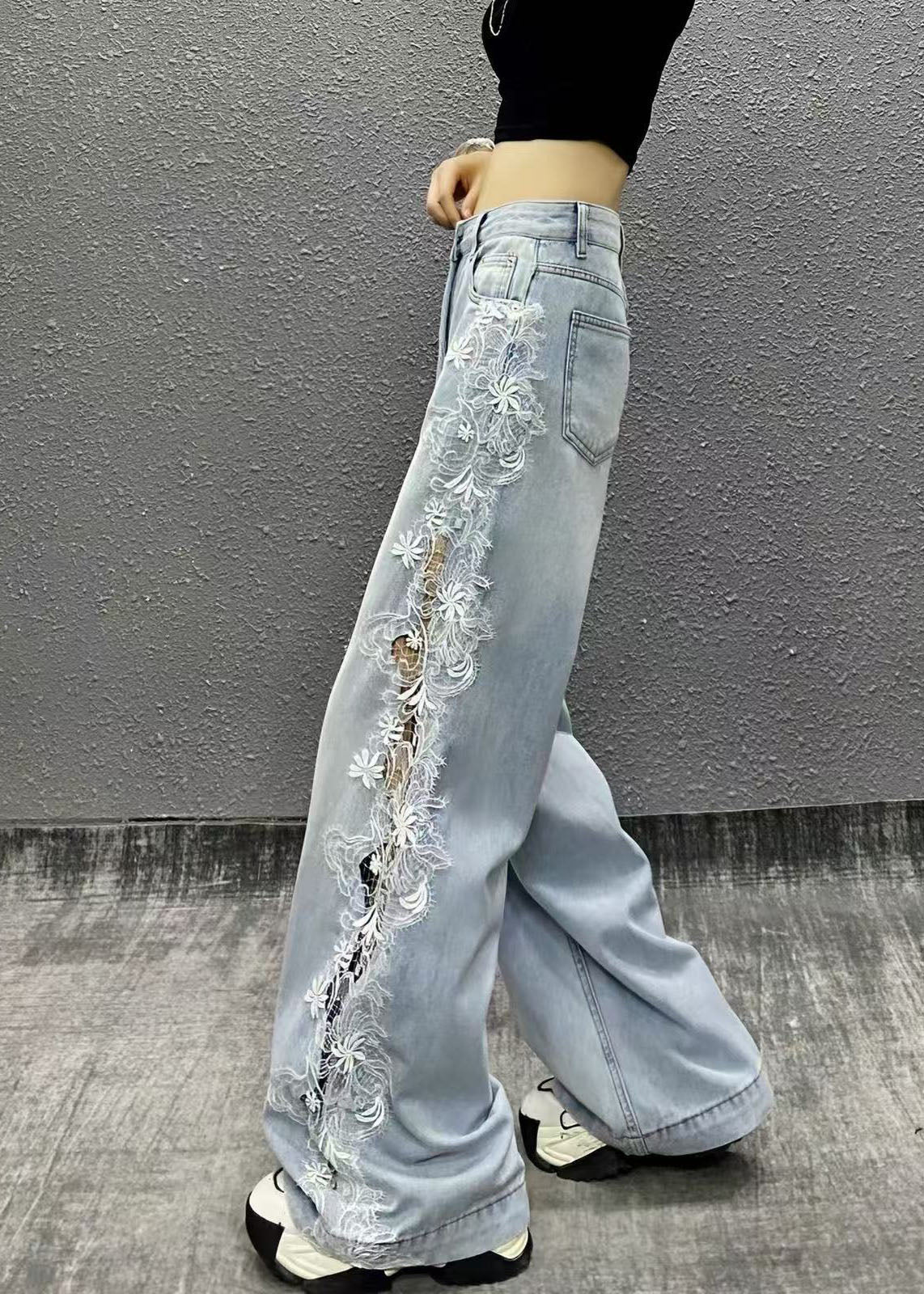 Casual Light Blue High Waist Side Lace Denim Wide Leg Pants Fall