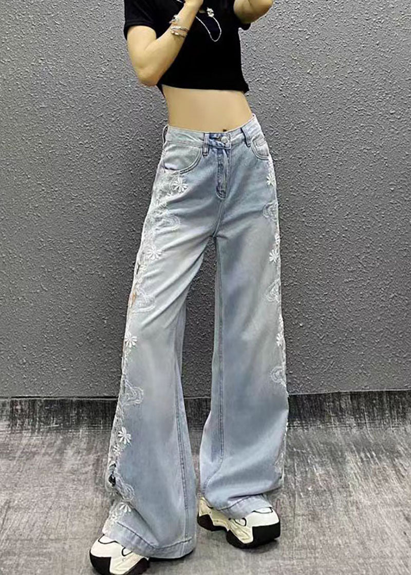 Casual Light Blue High Waist Side Lace Denim Wide Leg Pants Fall