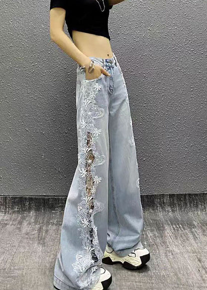 Casual Light Blue High Waist Side Lace Denim Wide Leg Pants Fall