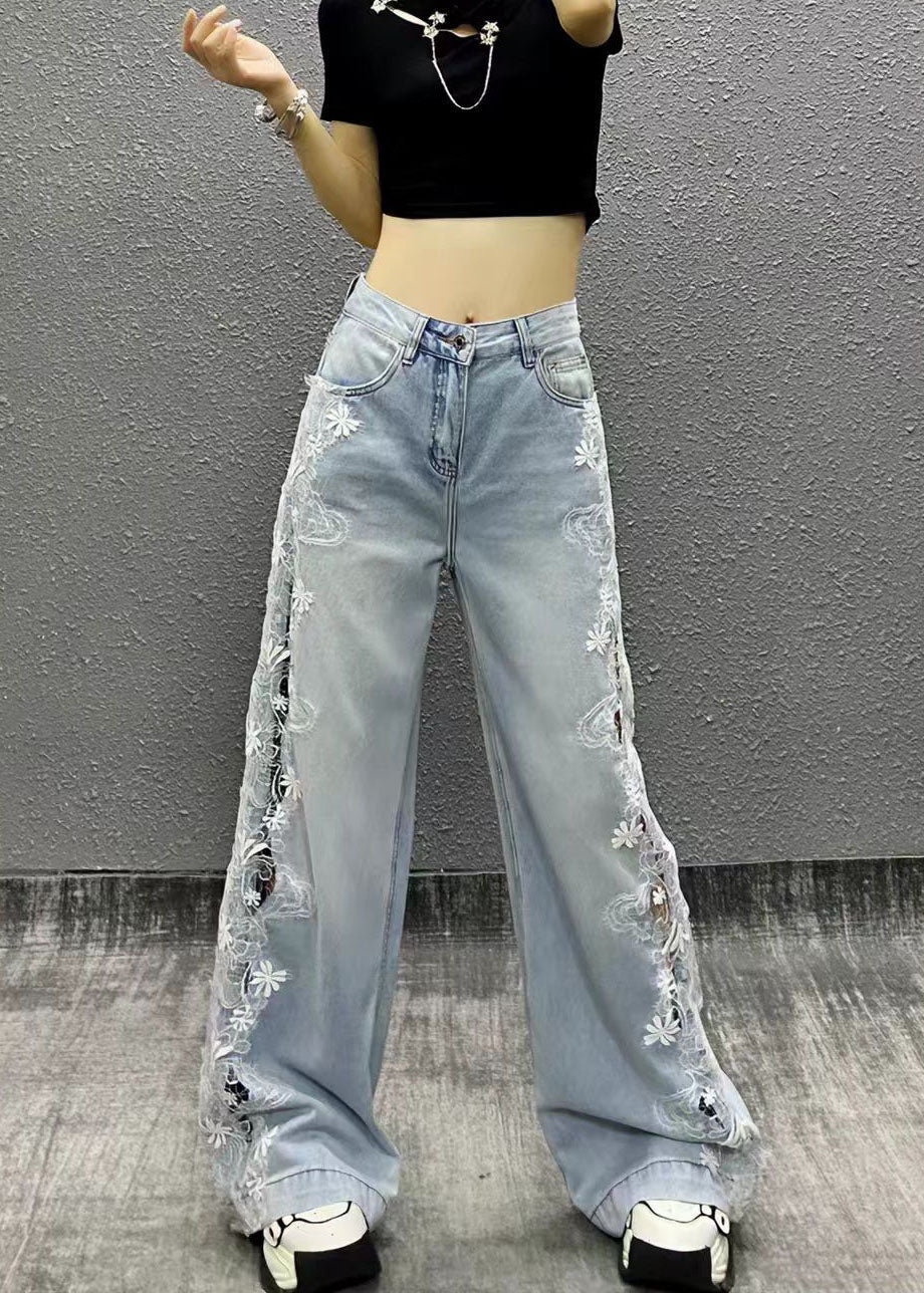 Casual Light Blue High Waist Side Lace Denim Wide Leg Pants Fall