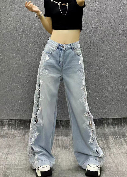 Casual Light Blue High Waist Side Lace Denim Wide Leg Pants Fall