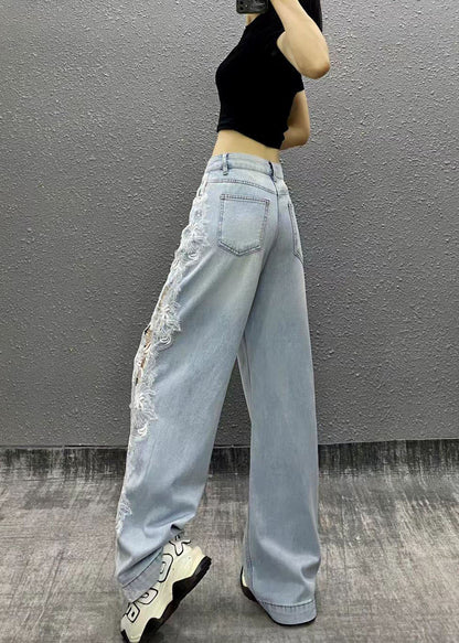 Casual Light Blue High Waist Side Lace Denim Wide Leg Pants Fall