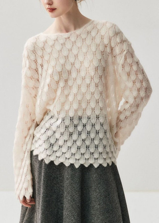 Casual Light Blue Slash Neck Hollow Out Cotton Knit Sweater Spring