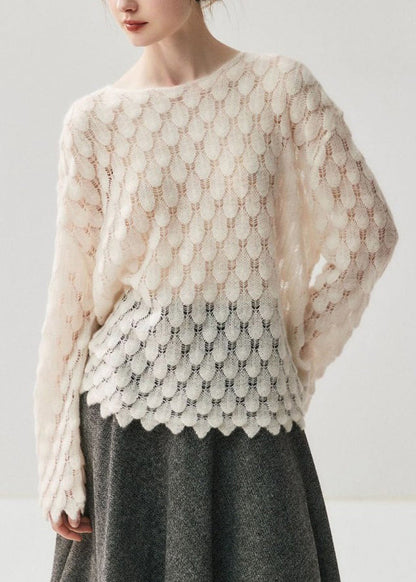 Casual Light Blue Slash Neck Hollow Out Cotton Knit Sweater Spring