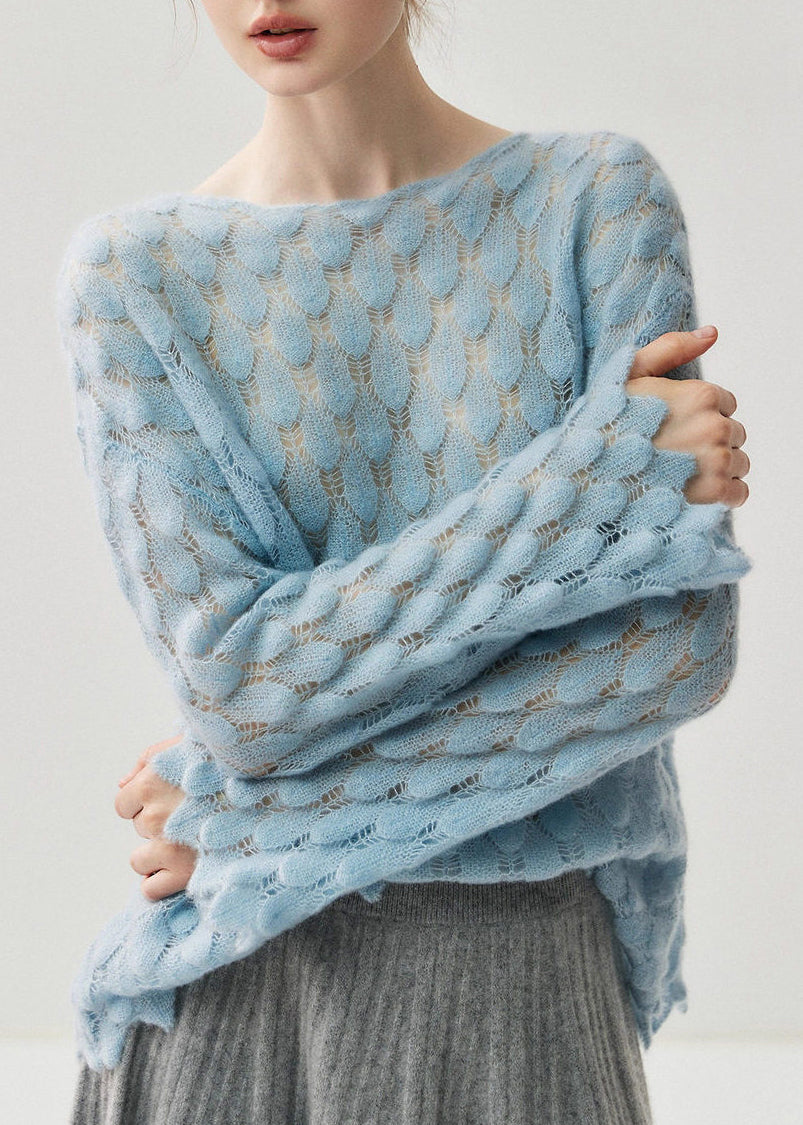 Casual Light Blue Slash Neck Hollow Out Cotton Knit Sweater Spring