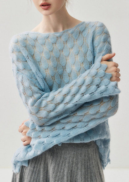 Casual Light Blue Slash Neck Hollow Out Cotton Knit Sweater Spring