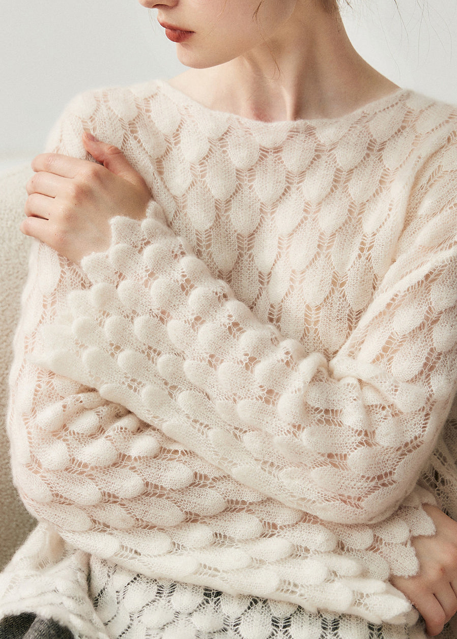 Casual Light Blue Slash Neck Hollow Out Cotton Knit Sweater Spring