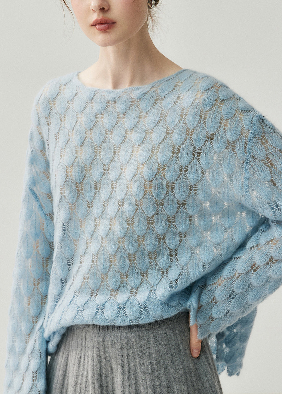 Casual Light Blue Slash Neck Hollow Out Cotton Knit Sweater Spring