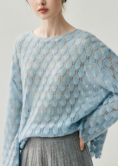 Casual Light Blue Slash Neck Hollow Out Cotton Knit Sweater Spring