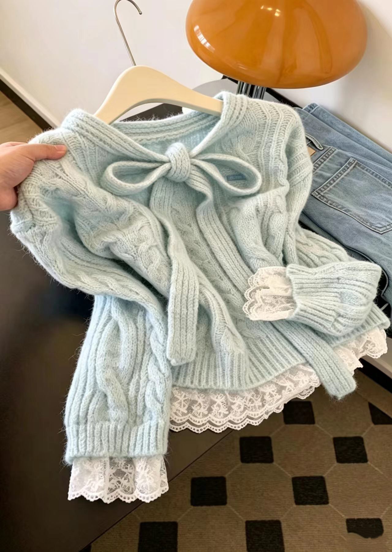Casual Light Blue Tie-uUp Bow Patchwork Lace Knit Sweater Fall