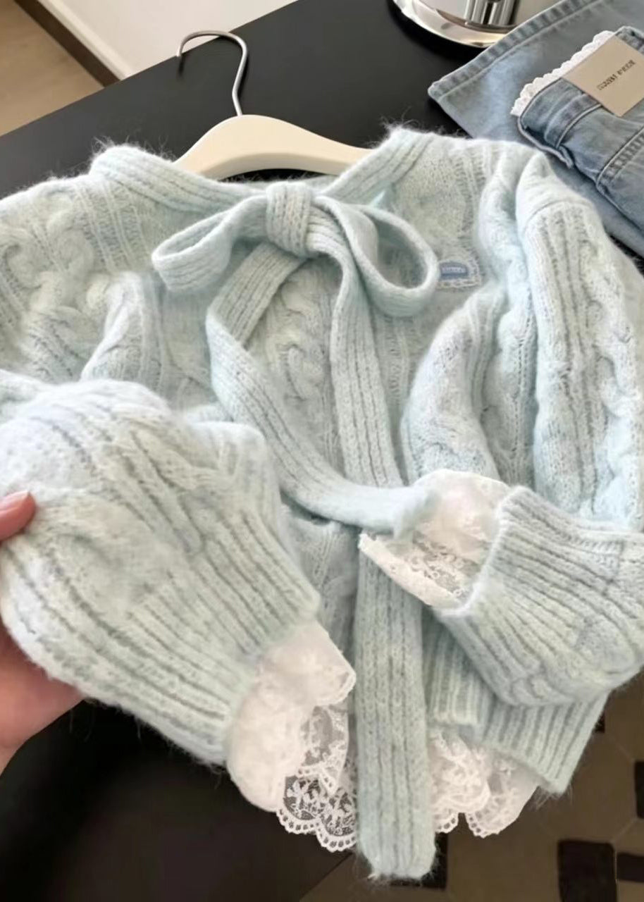 Casual Light Blue Tie-uUp Bow Patchwork Lace Knit Sweater Fall